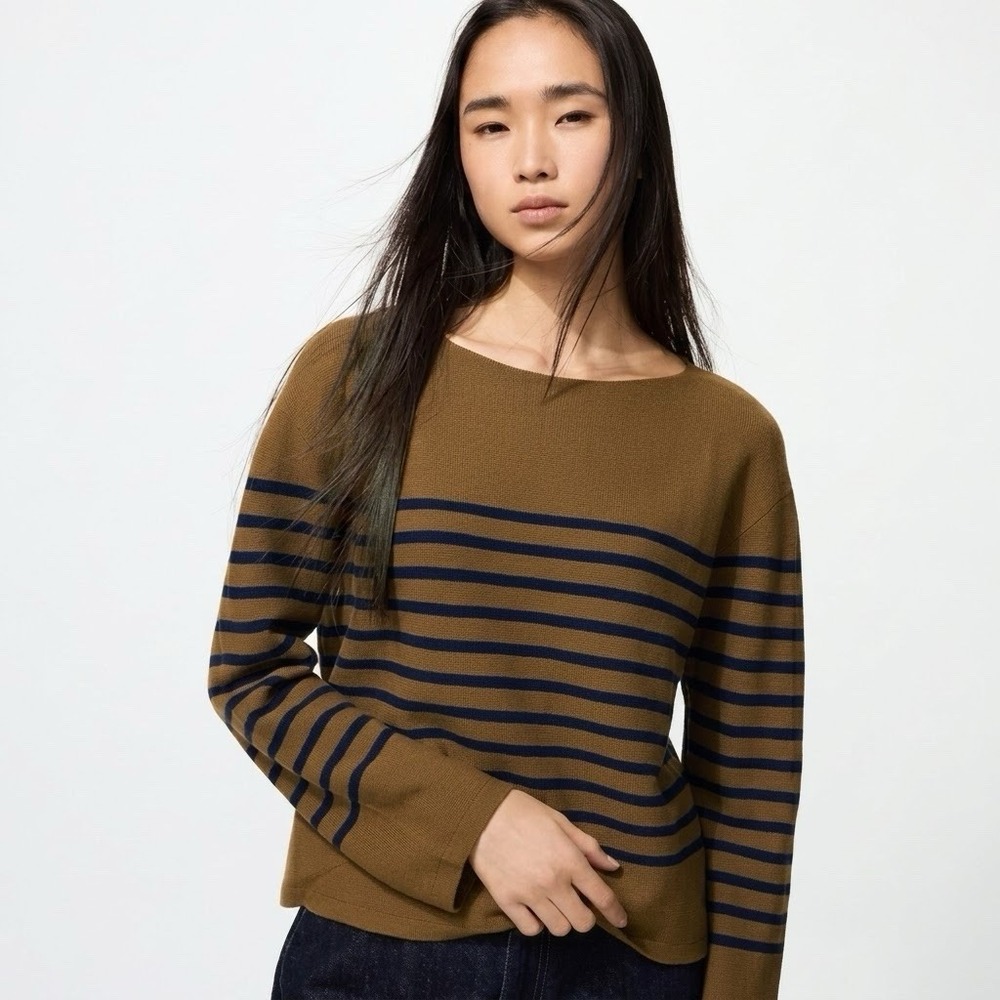 Uniqlo 3D Knit 100% Cotton Striped Sweater Neutral Brown Boxy Oversized Women XS